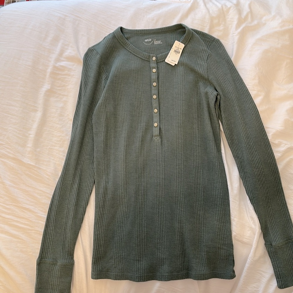 Henley textured, button-down olive green shirt